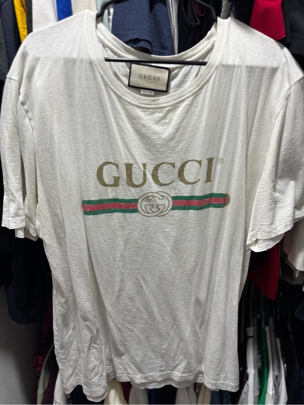 Gucci White Tee with Gold Logo and Green-Red Stripe